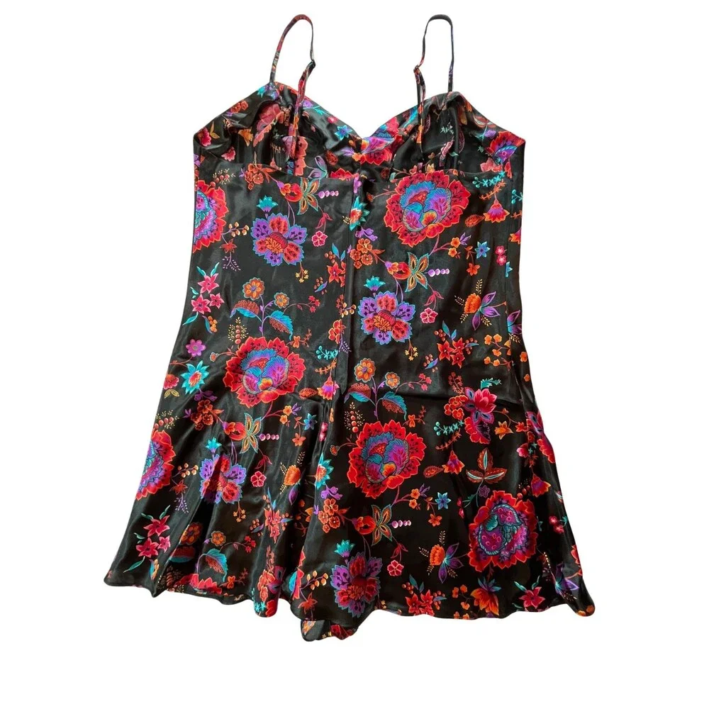Vintage 90s Cacique Lingerie Negligee Romper Black‎ Floral Sleepwear Sexy L